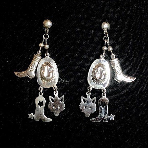 Vintage Sterling Silver Western Drop Dangle Hat Boots Spurs Coyote Post Earrings - Picture 3 of 10